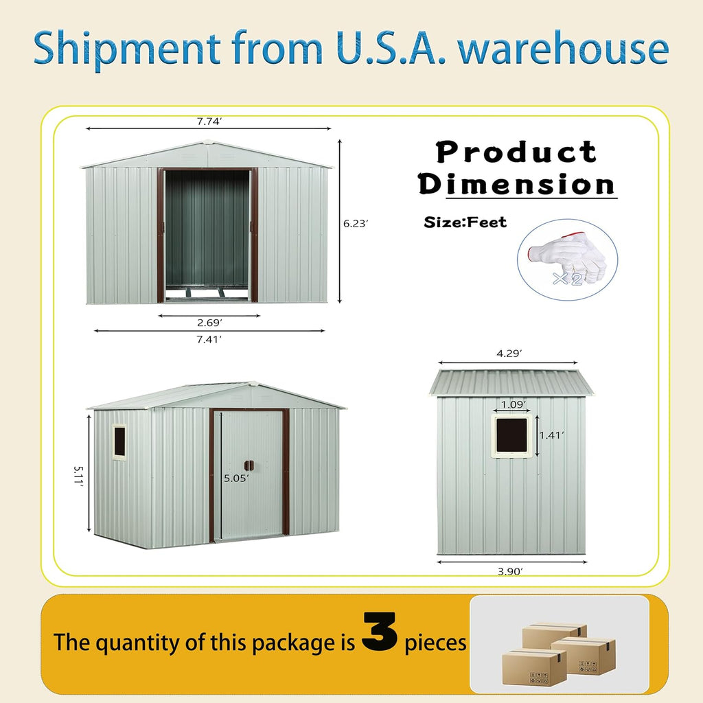 Shed with Windows,Large Metal Outdoor Storage Shed, Lockable Tool Storage shed, Steel Garden shed, Suitable for Backyard, Terrace, and Poolside (White, 8FTx4FT)