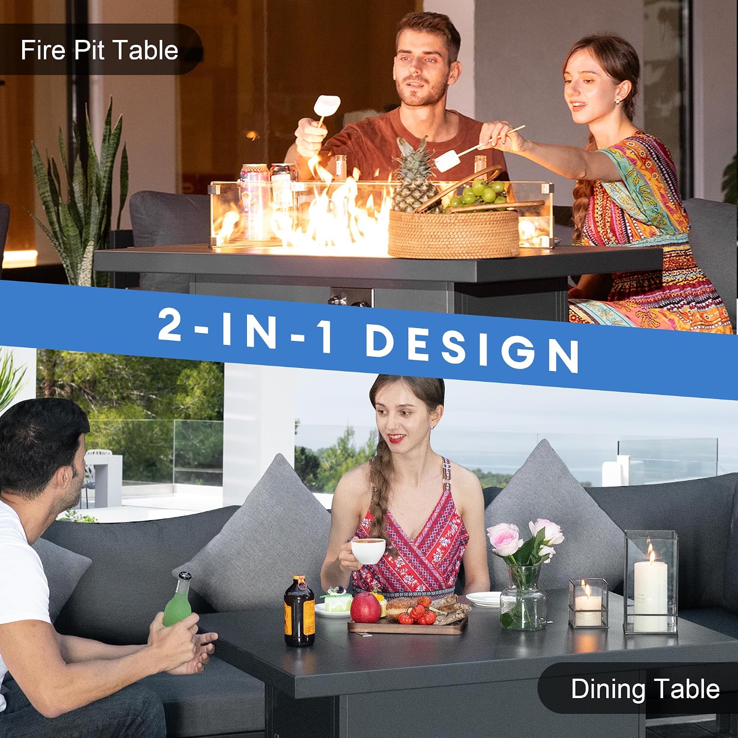 NICESOUL 43'' Aluminum Fire Pit Table, 60,000 BTU Propane/Natural Gas Outdoor Firepit with Wind Guard & Glass Rocks, All-Weather Rectangular Fireplace for Outside Patio CSA-Certified, Ember Black