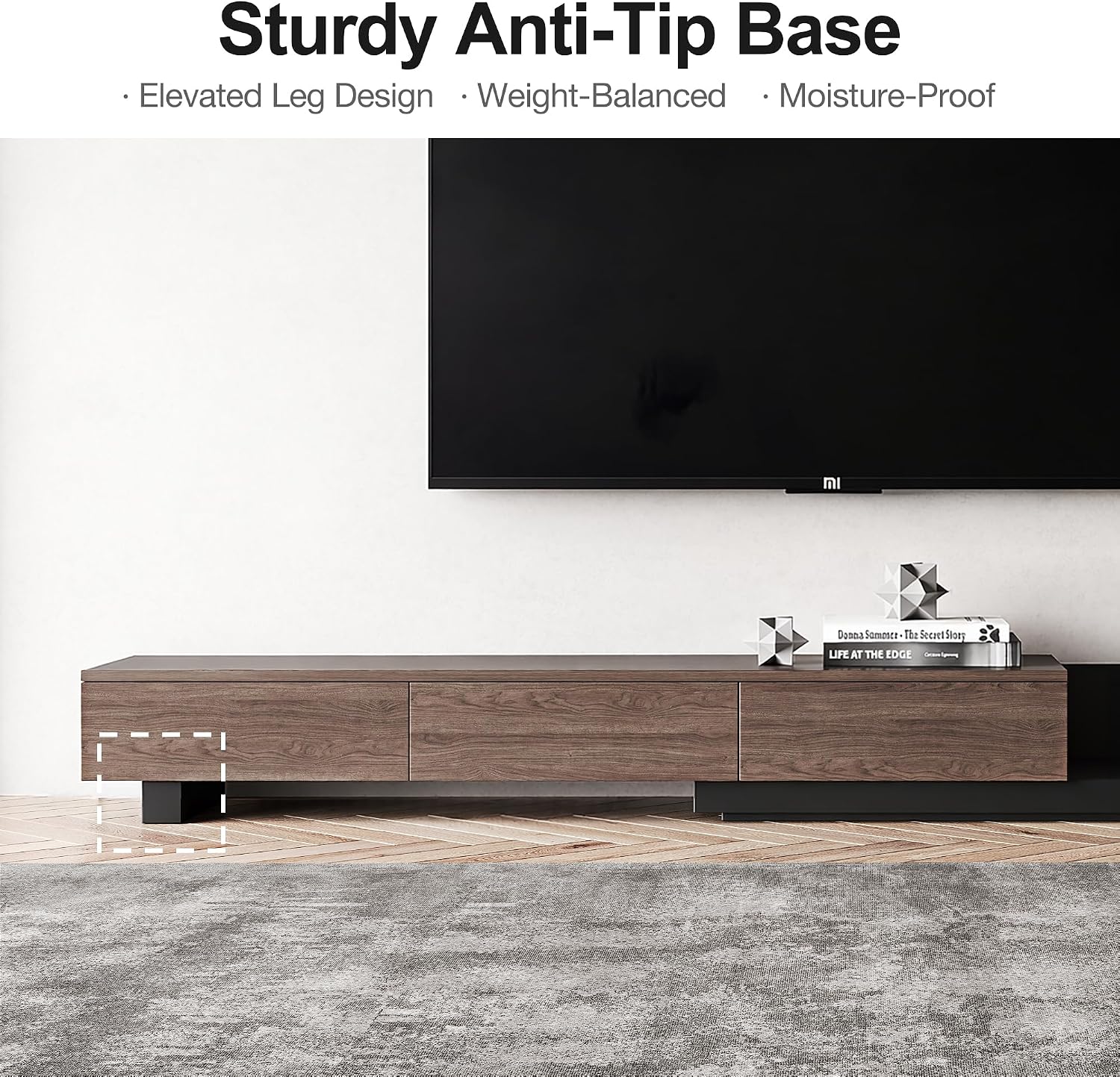 Telescoping TV Cabinet, 70.9 to 110.2 Inch Entertainment Center, Fits 85 Inch TV with 3 Drawer Media Cabinet, Walnut + Matte Black, Modern Living Room Bedroom Organizer
