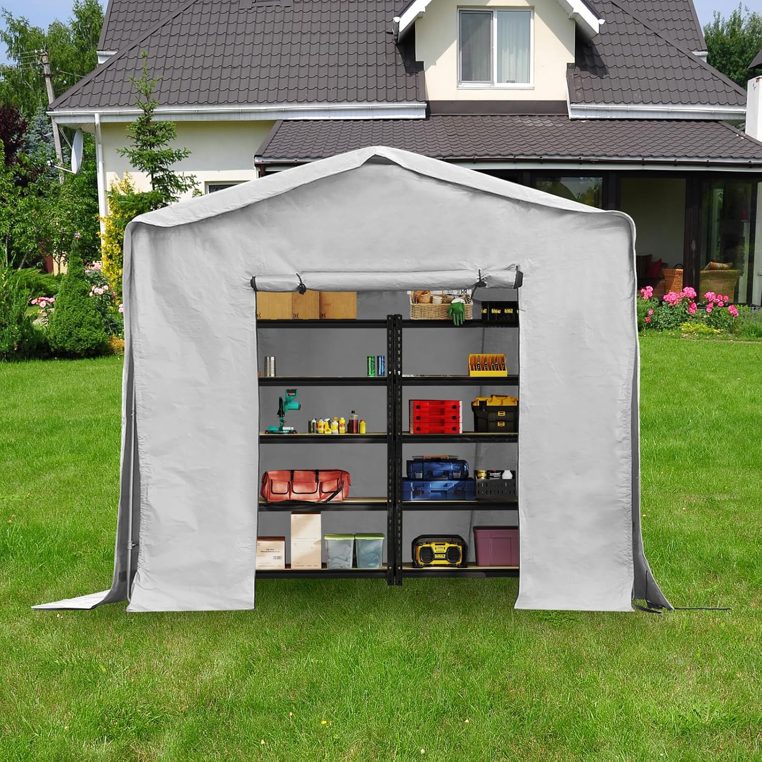 8X8Ft Portable Car Port with Roll-Up Windows Reinforced Portable Garage Heavy Duty Carport Shelter Car Canopy for Outdoor Garden (Grey, 8x8x8Ft)