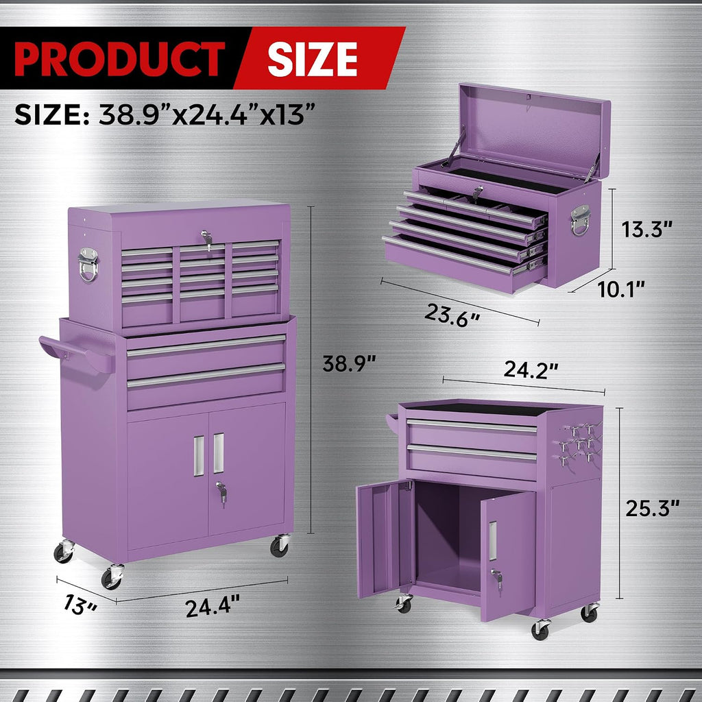 INTERGREAT Tool Chest, Assembled 8-Drawers Rolling Tool Chest with Wheels, Detachable Top Tool Box, Tool Cabinet for Repair Room,Warehouse, Rolling Tool Box with Hooks,Tray Divider,Liners(Purple)