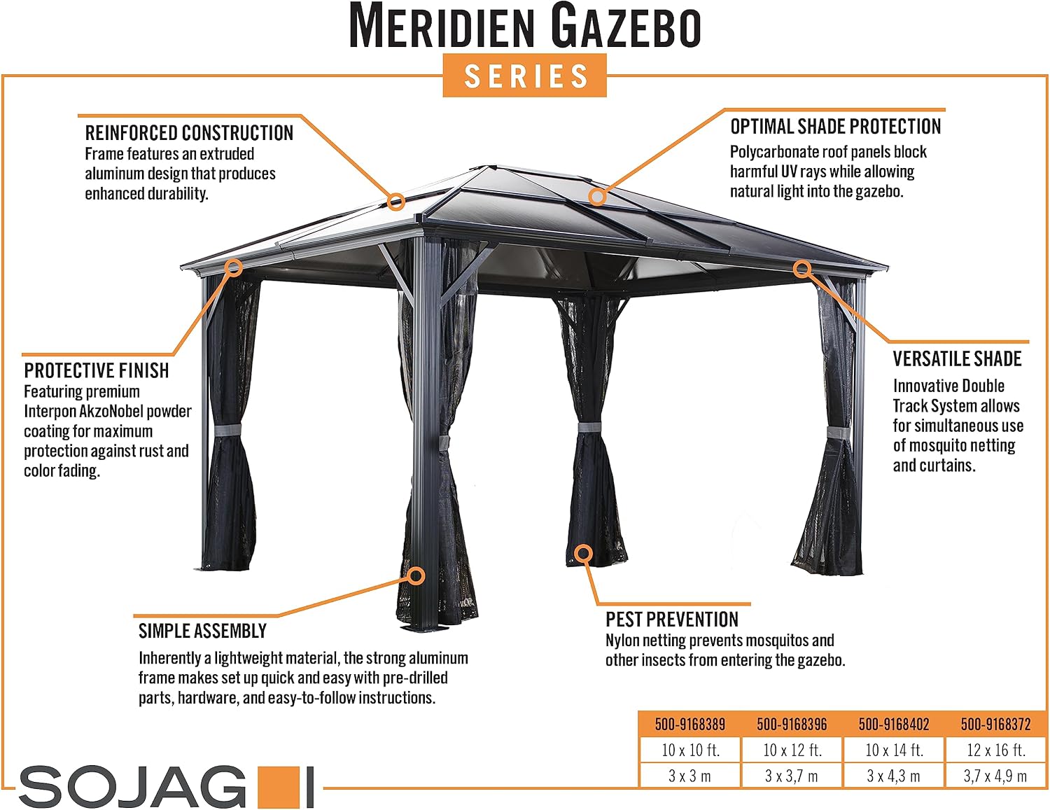 Sojag Meridien 10' x 12' Outdoor Hardtop Gazebo with Galvanized Steel Roof and Rust-Resistant Aluminum Frame, Charcoal