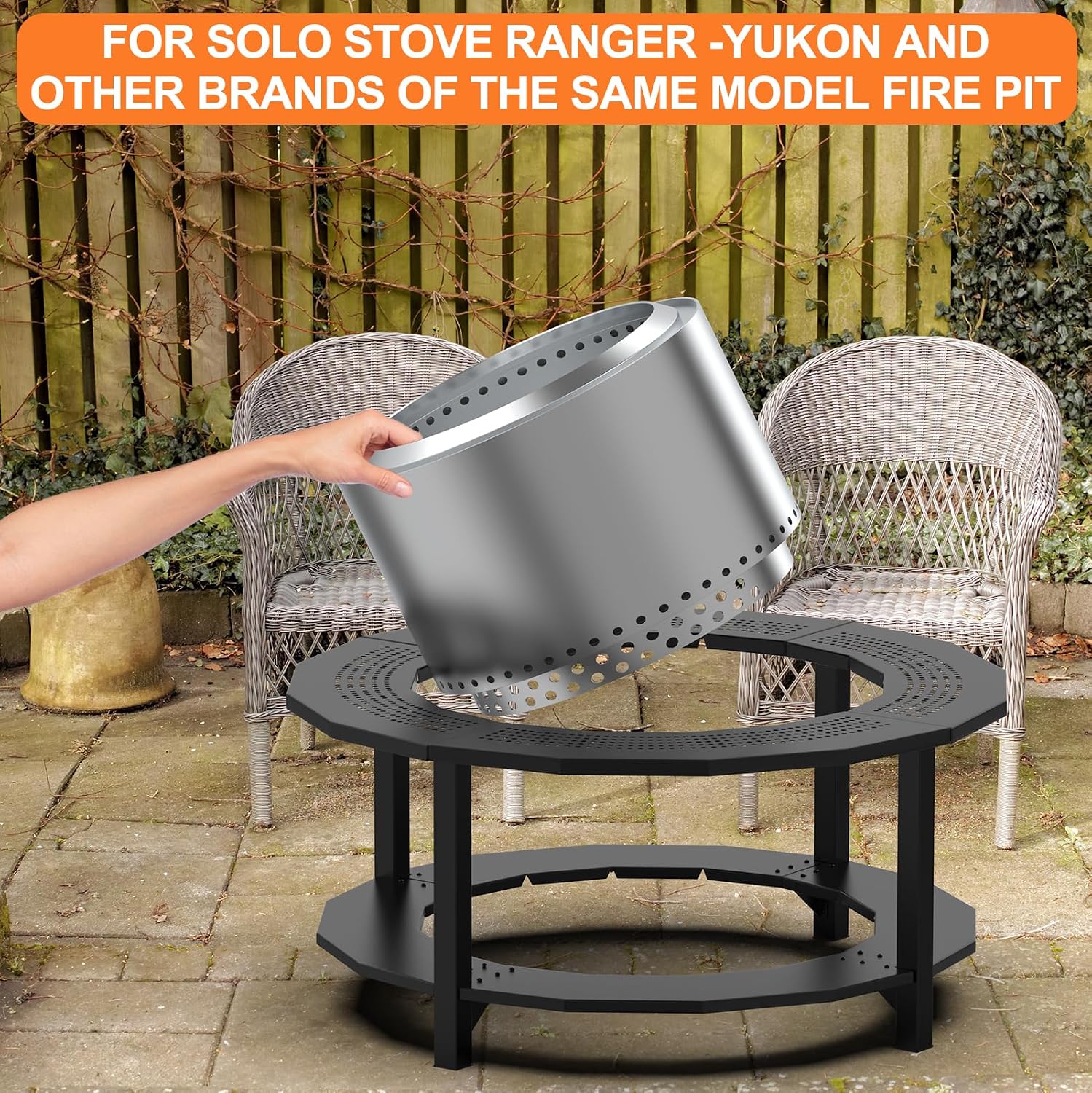 Fire Pit Surround Tabletop for Solo Stove Yukon, Bonfire, Tiki, Outdoor Smokeless Fire Pit Table for Wood Burning Fire Pits, Powder-Coated Steel Stove Table Surround with Cover for Solo Stove