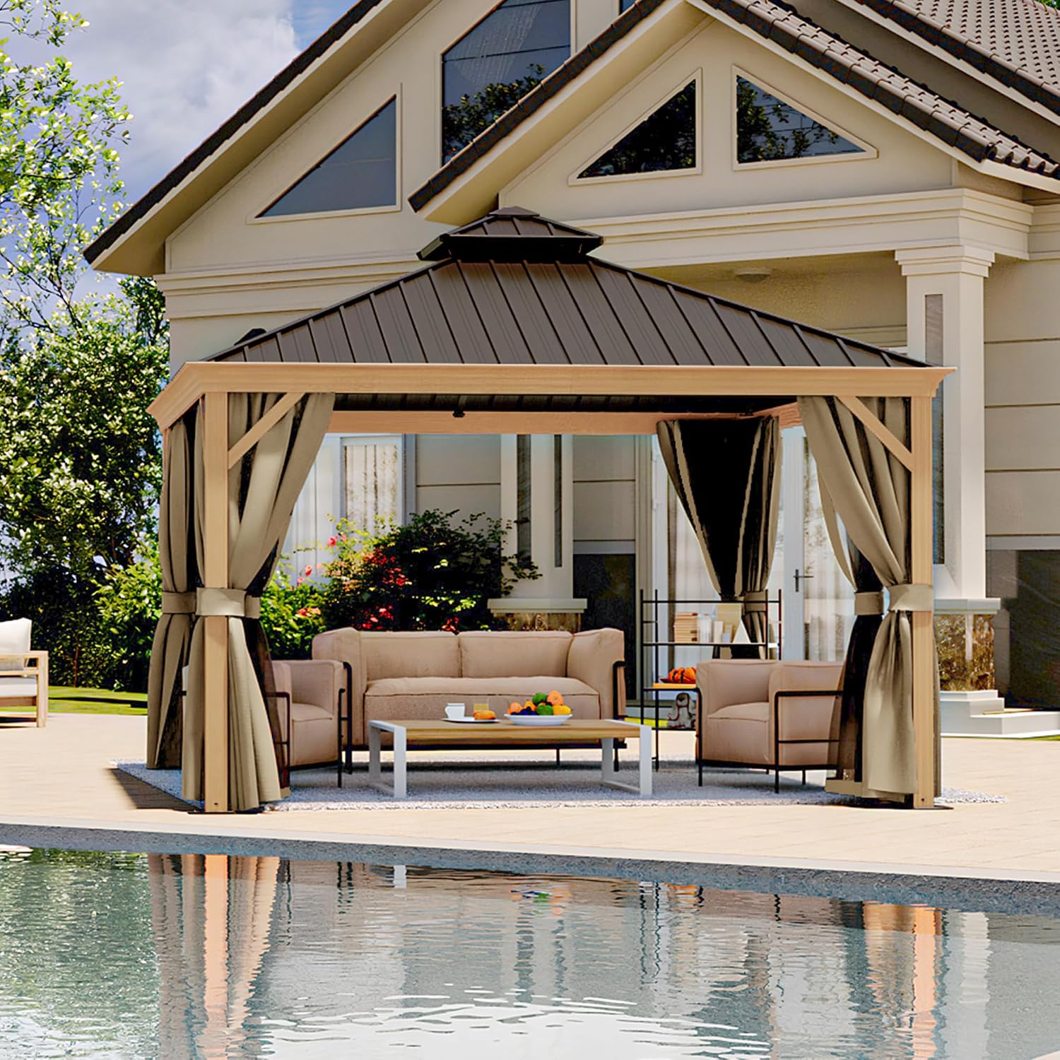 HAPPATIO 12' x 12' Hardtop Gazebo Outdoor, Wood Grain Aluminum Frame with Double Galvanized Steel Roof，Patio Gazebo Canopy with Netting and Curtains for Patio, Lawns, Deck, Backyard (Beige)