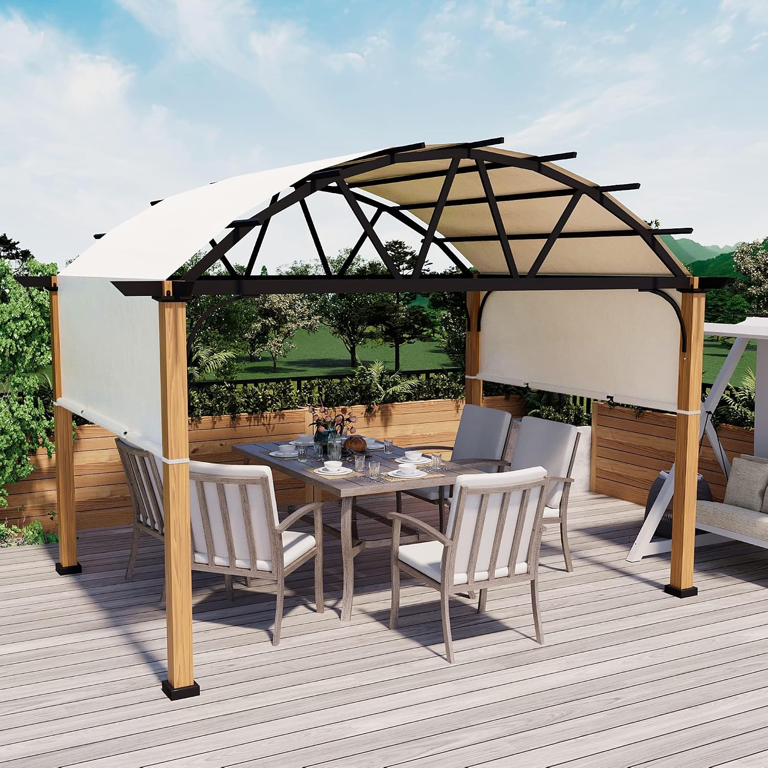 HAPPATIO 10' X 13' Outdoor Pergola with Sling Retractable Canopy, Wood-Like Aluminum Patio Pergola Shade for Patio, Backyard, Garden,Poolside