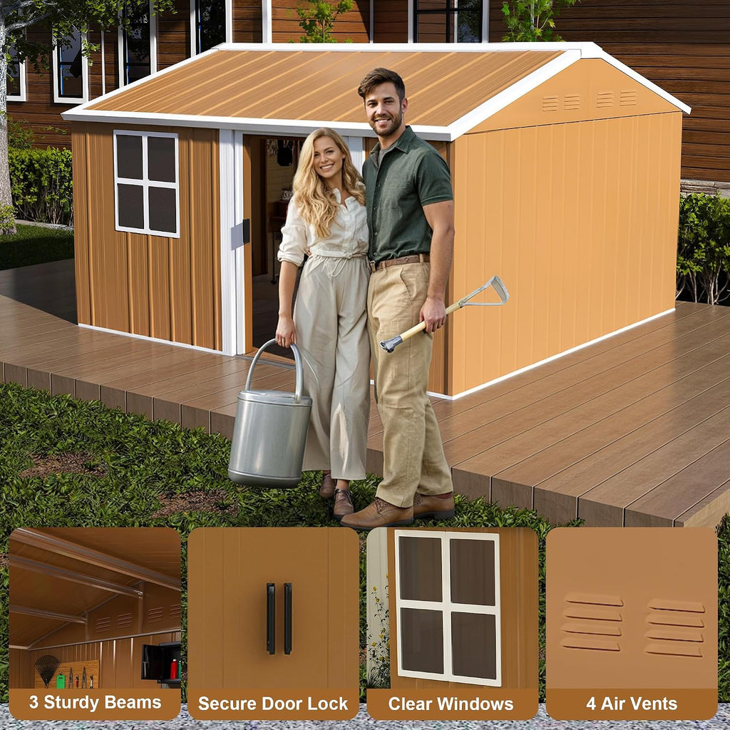 Outdoor Storage Shed, Heavy-Duty Metal Steel Shed with Windows, Lockable Door & Ventilation, Weatherproof Garden Shed for Backyard, Lawn, and Tool Storage (10x12 FT)