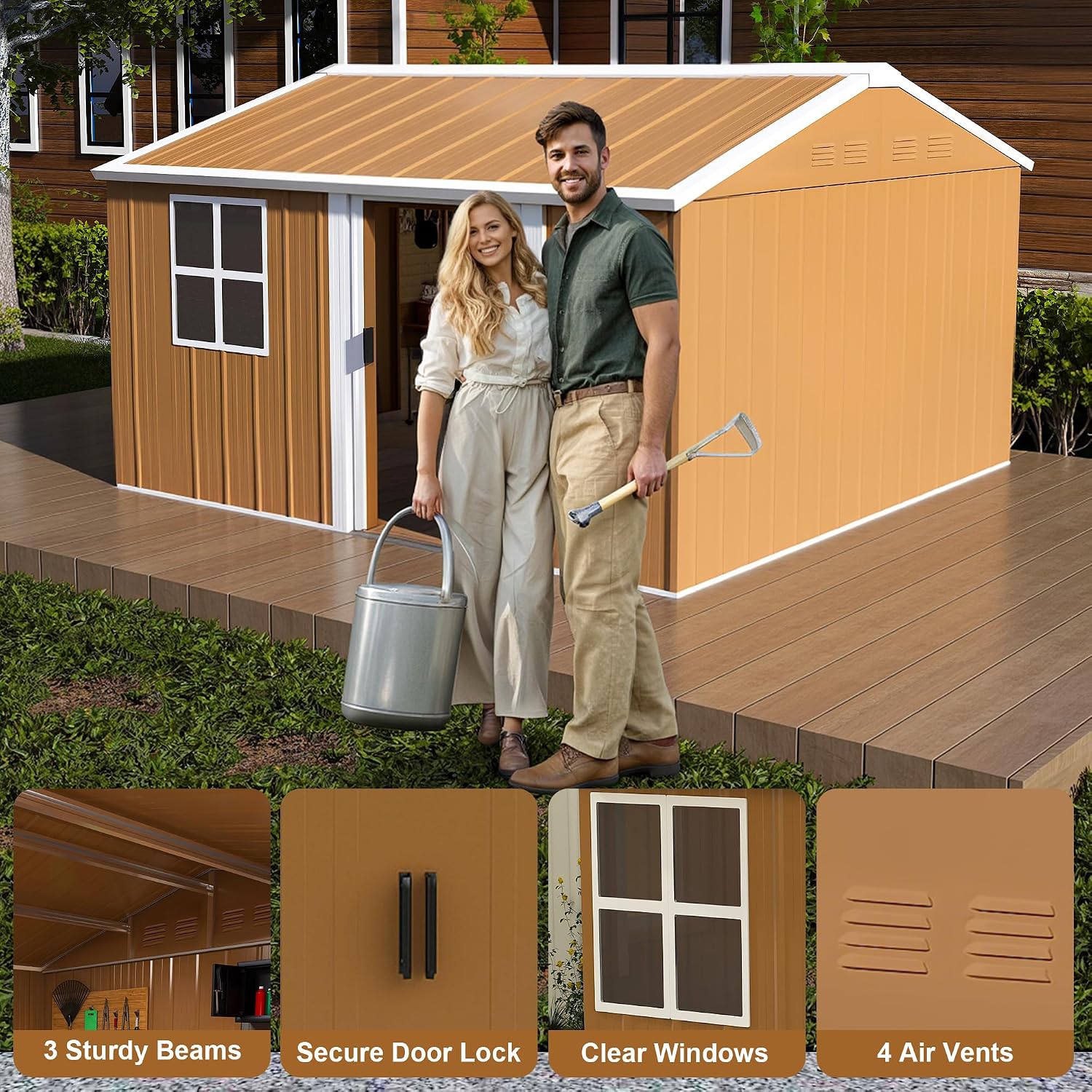 Outdoor Storage Shed, Heavy-Duty Metal Steel Shed with Windows, Lockable Door & Ventilation, Weatherproof Garden Shed for Backyard, Lawn, and Tool Storage (10x12 FT)