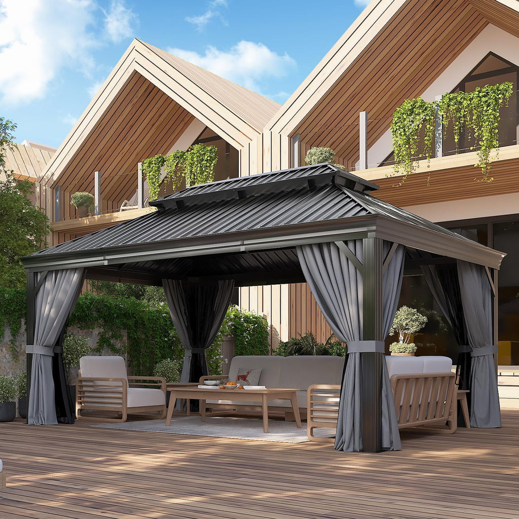 Hardtop,12x16 Gazebo with Gray Mosquite Netting, Hardtop Gazebo with Galvanized Steel Roof for Gardens, Deck, Lawns