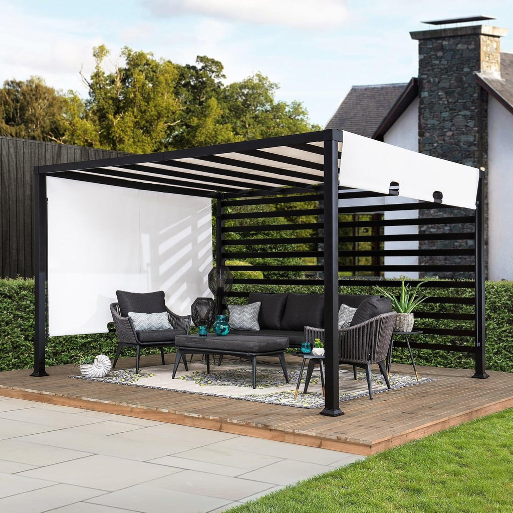 SUNJOY Outdoor Pergola 10 x 12 ft. Steel Pergolas with White Adjustable Shade and Privacy Screen for Backyard, Garden Activities