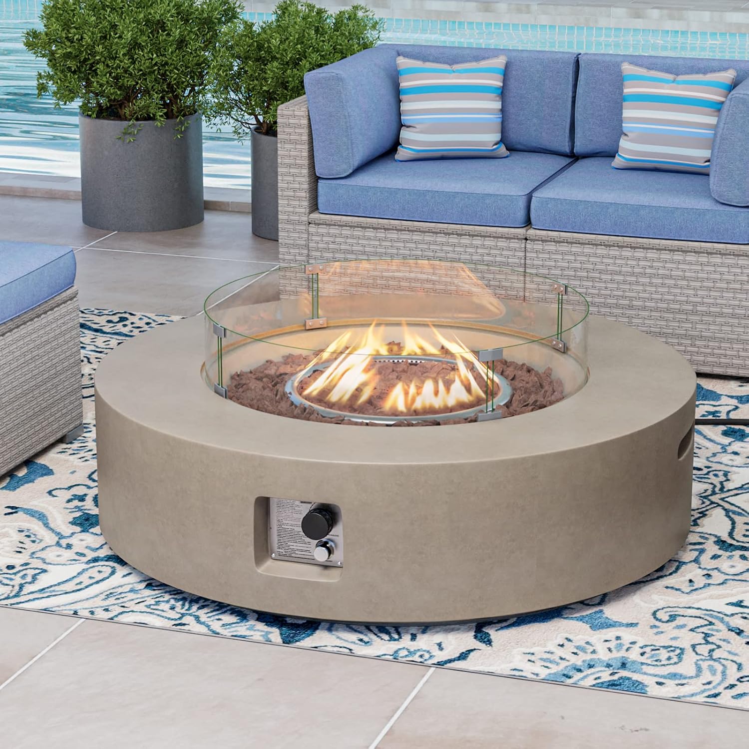 COSIEST Outdoor Propane Fire Pit Coffee Table w Gray 42 inch Round Base Patio Heater, Certified, 50,000 BTU Stainless Steel Burner, Wind Guard, Tank Outside, Free Lava Rocks, Waterproof Cover