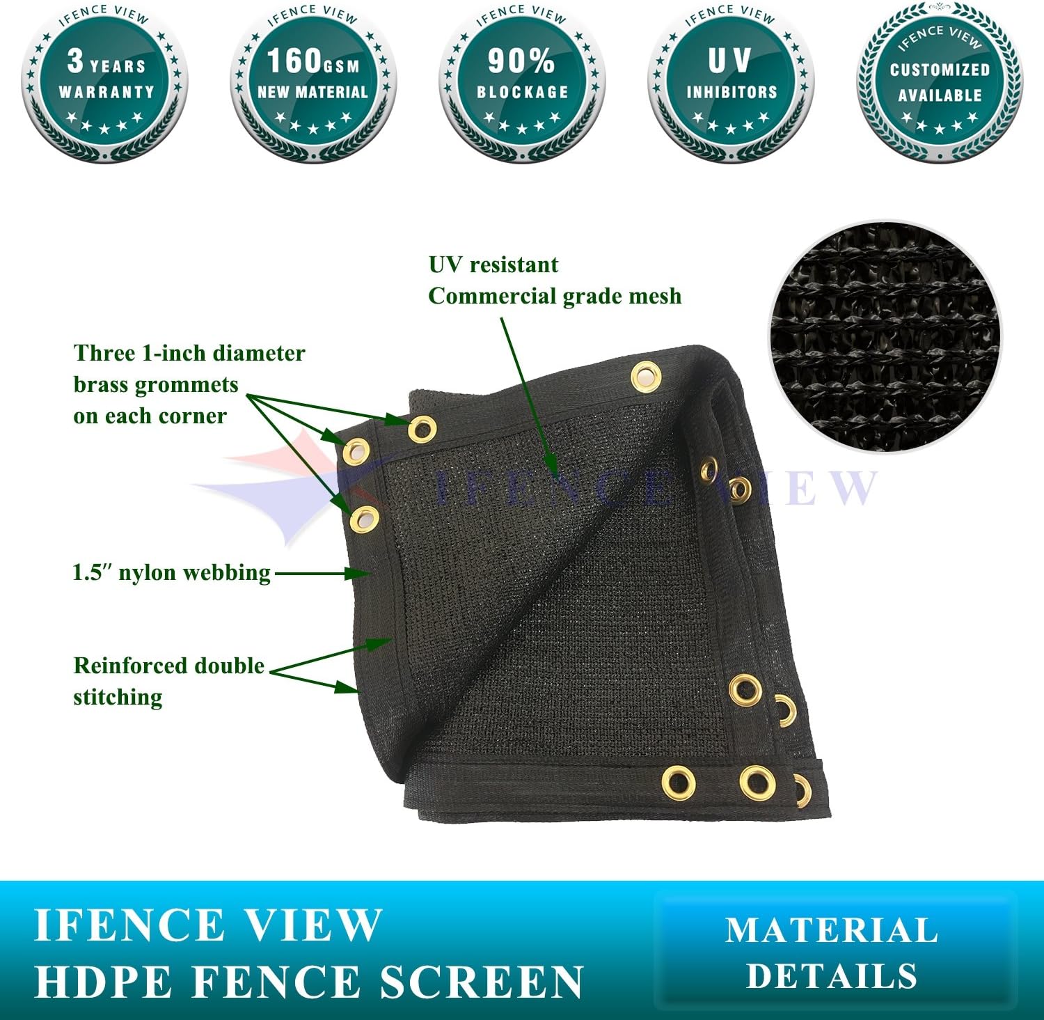 Ifenceview 16' x 12' Black Fence Privacy Screen Fence Cover Panels Mesh Net for Construction Site Yard Driveway Garden Pergolas Gazebos Railing Canopy Awning 165 GSM