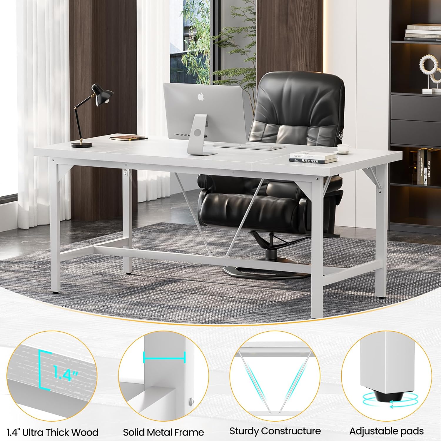 Unikito 63 Inch Computer Desk, Sturdy Large Office Desk, Premium 2 Person Long Desks, Super Thick Study Writing Gaming Table, Modern Computer Table for Home Office Workstation, Easy to Assemble, White