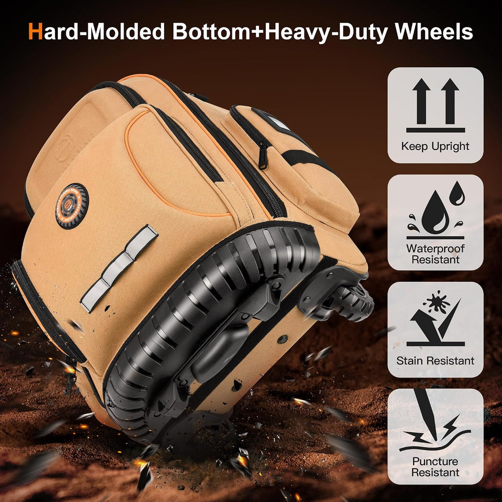 Backpack Tool Bag with Wheel, Rolling Tool Backpack for Electrician Heavy Duty Roller Tool Bag on Wheel for Construction Work, 75 Pockets & Loops Tool Backpack with Molded Base and Lock - Brown