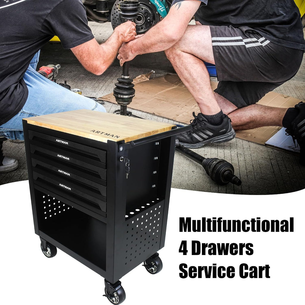 Campfun 4 Drawers Tool Box with Wheels, Rolling Tool Chest Rolling Tool Cart with Drawers, Multifunction Tool Box for Mechanic Tool Cart, Tool Box Organizers and Storage for Garage, Black