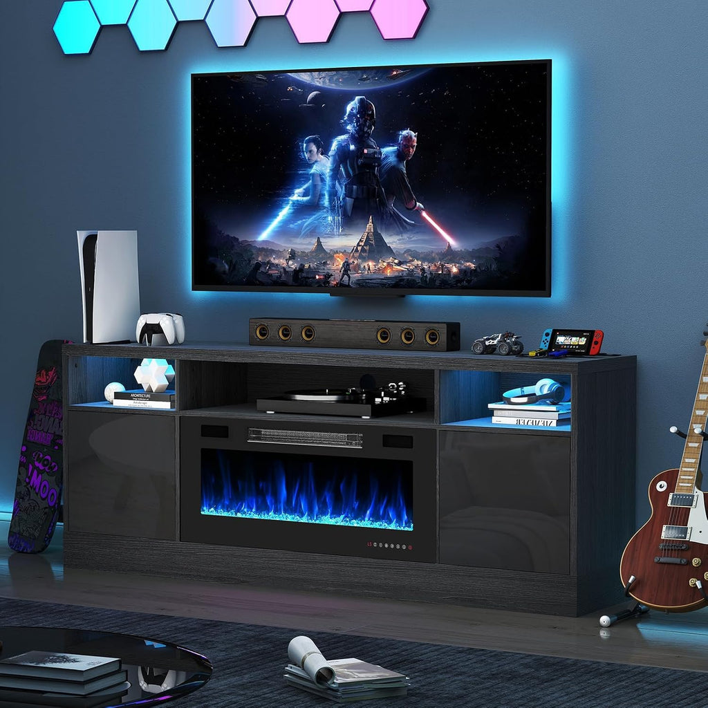 70' Fireplace TV Stand for TVs Up to 80', LED Light Media Console with 36' Electric Heater, Storage Cabinet, Black Entertainment Center for Living Room