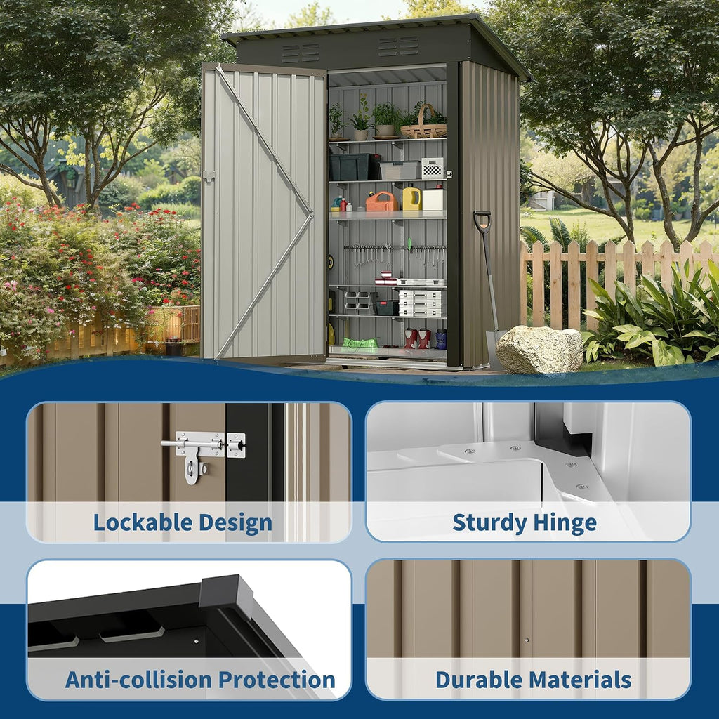 Garvee Metal Tool Shed with Single Door - Slanted Roof, Small Size, 5x3FT, Garden Storage, Outdoor Iron Tool Storage