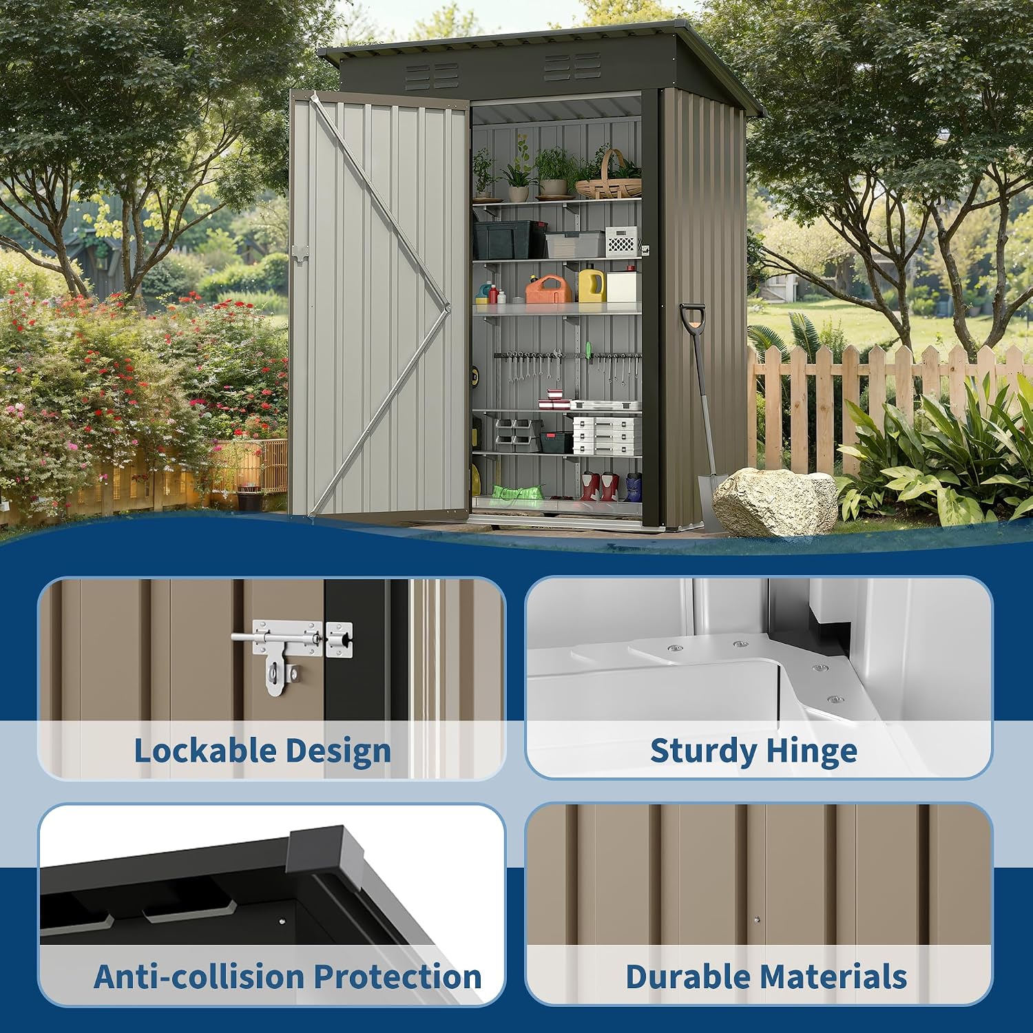 Garvee Metal Tool Shed with Single Door - Slanted Roof, Small Size, 5x3FT, Garden Storage, Outdoor Iron Tool Storage