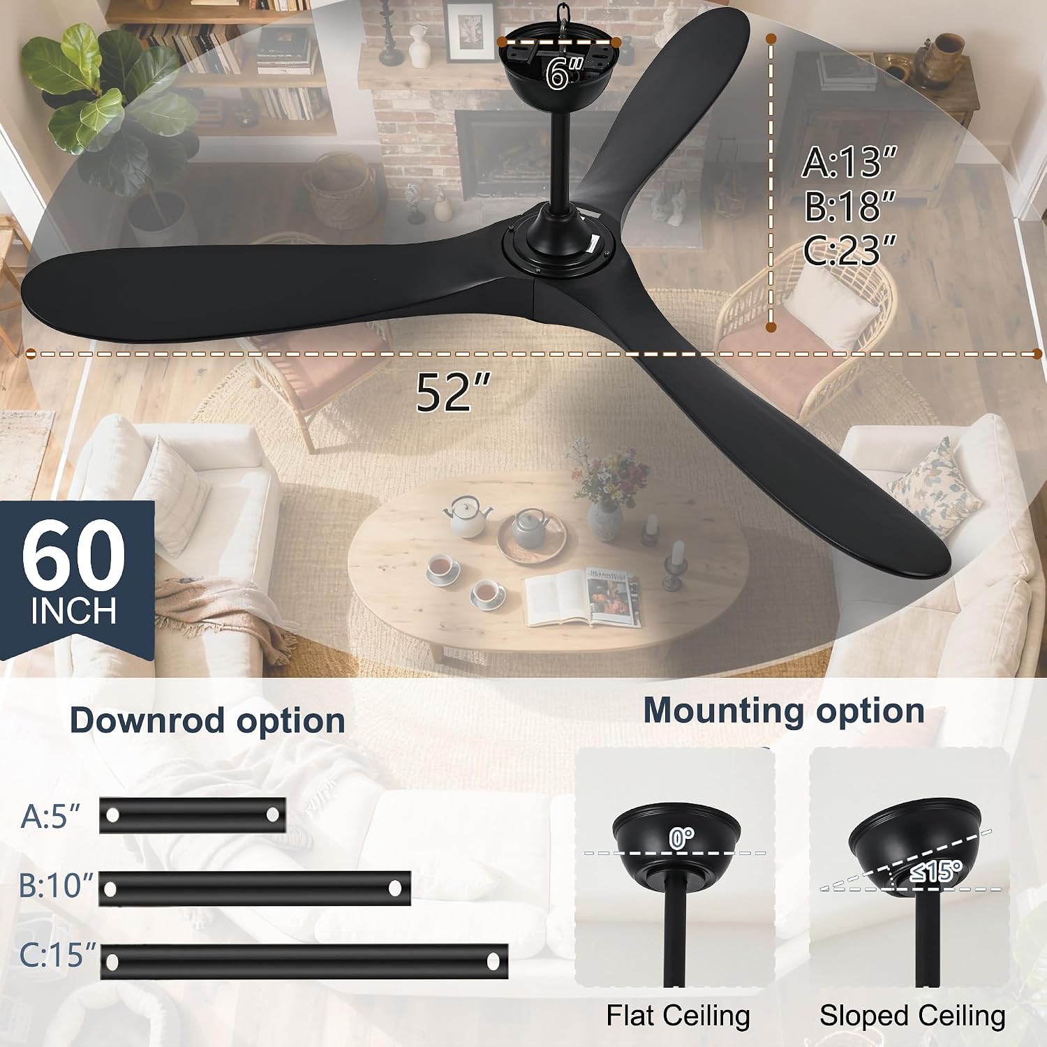60 Inch Black Outdoor Ceiling Fan No Light, Wood Indoor Outdoor Ceiling Fans for Patios Gazebo Porch Living Room, Big Wet Rated High CFM Reversible Ceiling Fan for Sloped Angled Ceiling