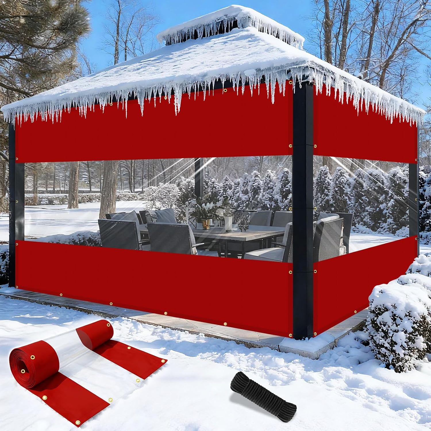 Shade&Beyond Outdoor Vinyl Curtain, 12' W x 10' L Heavy Duty Clear Tarp with Grommets Waterproof, Privacy Clear Panel UV-Resistant for Pergola Gazebos Porch Enclosure Patio(Customized Size, Red)