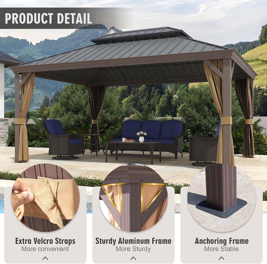 12'x16' Hardtop Gazebo with Netting and Curtains, Outdoor Aluminum Frame Pergola, Heavy Duty Metal Double Roof of Galvanized Steel Pavilion for Patio, Backyard, Deck, Lawns