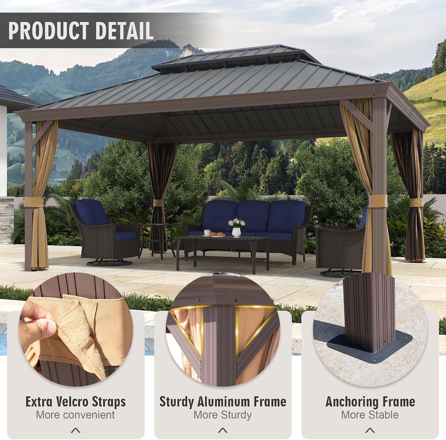12'x16' Hardtop Gazebo with Netting and Curtains, Outdoor Aluminum Frame Pergola, Heavy Duty Metal Double Roof of Galvanized Steel Pavilion for Patio, Backyard, Deck, Lawns