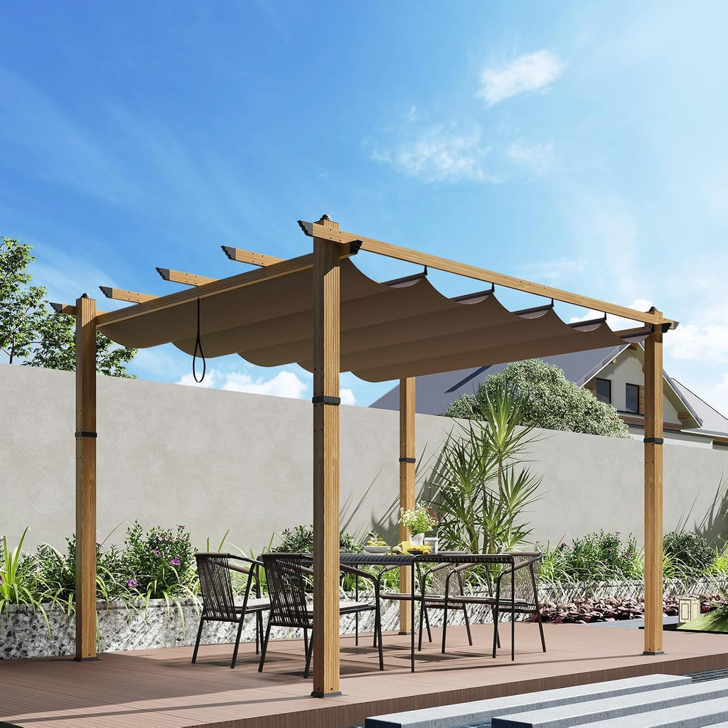 10x10 Ft Outdoor Retractable Pergola with Sun Shade Canopy, Heavy-Duty Aluminum Canopy Pergola Kits for Backyard, Faux Wood Grain Metal Patio Gazebo for Garden, Porch Beach, Grape Trellis - Khaki