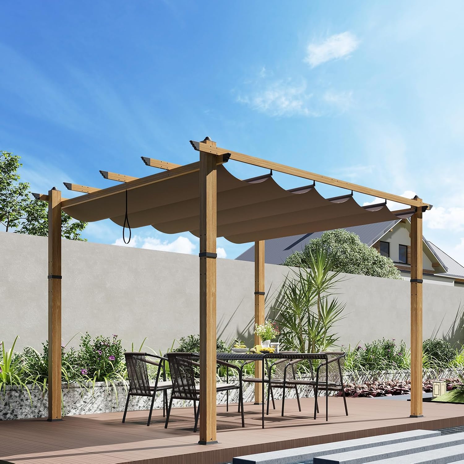 10x10 Ft Outdoor Retractable Pergola with Sun Shade Canopy, Heavy-Duty Aluminum Canopy Pergola Kits for Backyard, Faux Wood Grain Metal Patio Gazebo for Garden, Porch Beach, Grape Trellis - Khaki