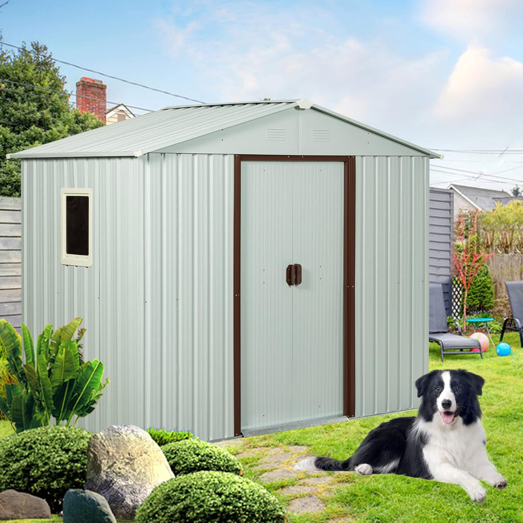 Shed with Windows,Large Metal Outdoor Storage Shed, Lockable Tool Storage shed, Steel Garden shed, Suitable for Backyard, Terrace, and Poolside (White, 8FTx4FT)