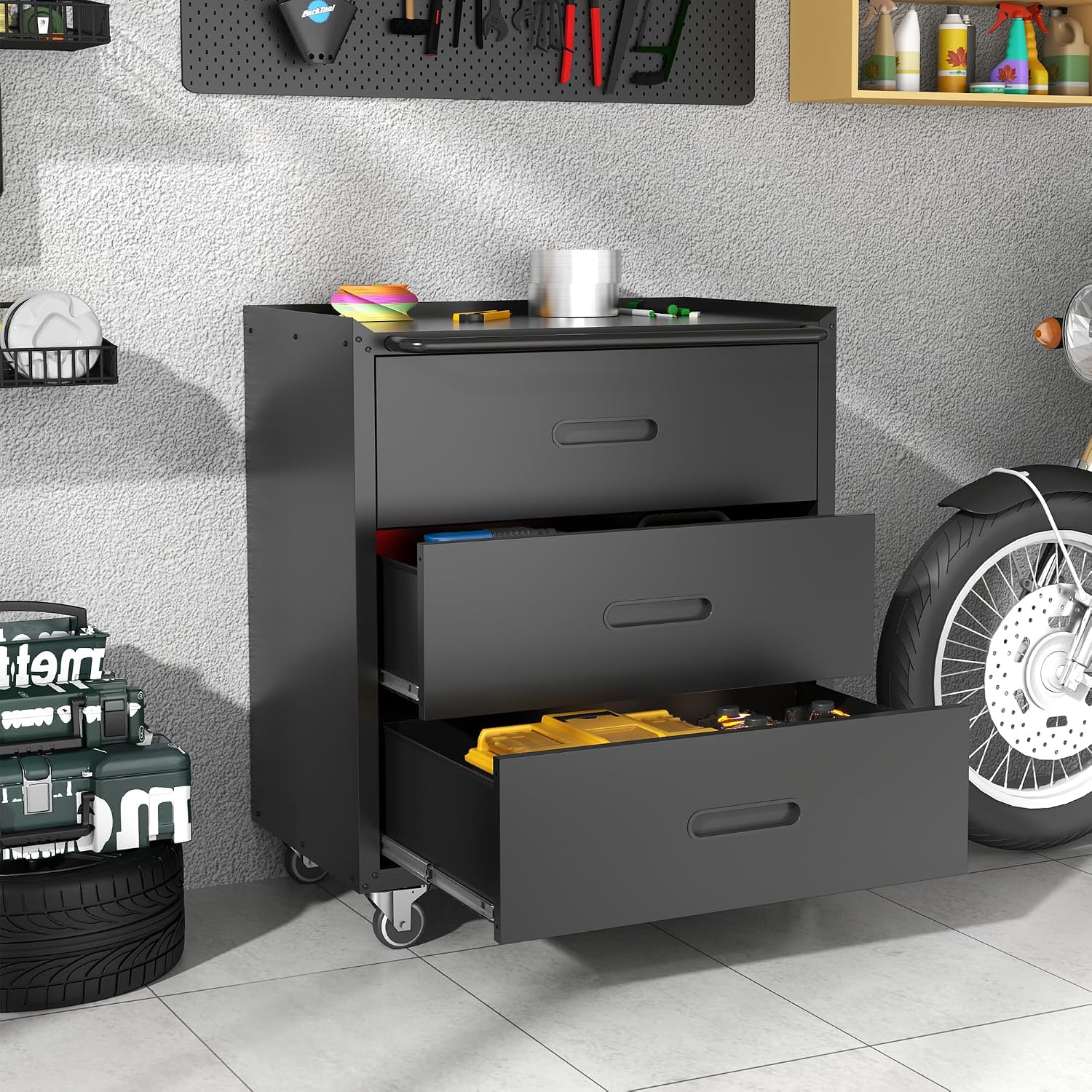 Metal Storage Cabinet with Wheels, Garage Storage Cabinet with 3 Drawers, Rolling Tool Cabinet, Assembly Required, Black