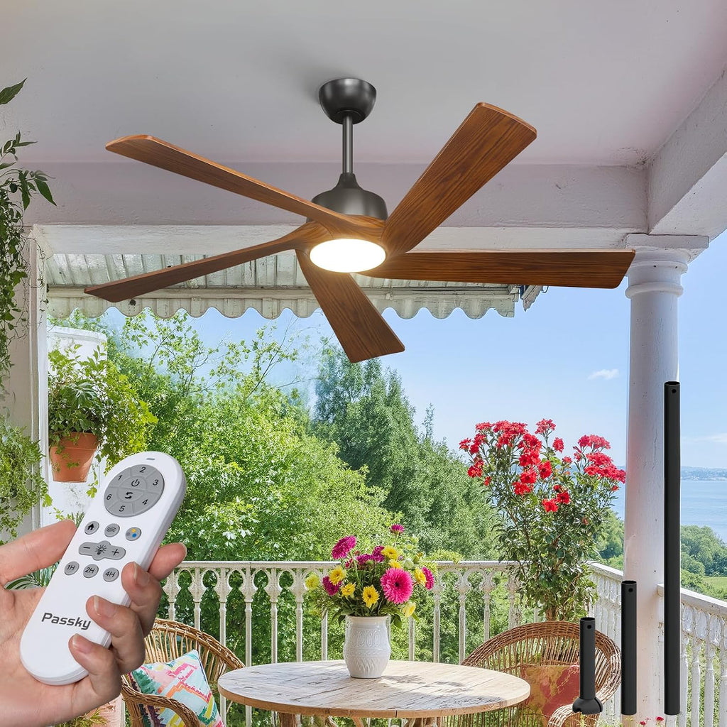 Passky Ceiling Fans with Lights and Remote, 60 inch Walnut Wood 5 Blades Ceiling Fan, Reversible, 3CCT, Dimmable, Noiseless, 6 Speeds Ceiling Fans for Bedroom Living Room Farmhouse Gazebo Patio