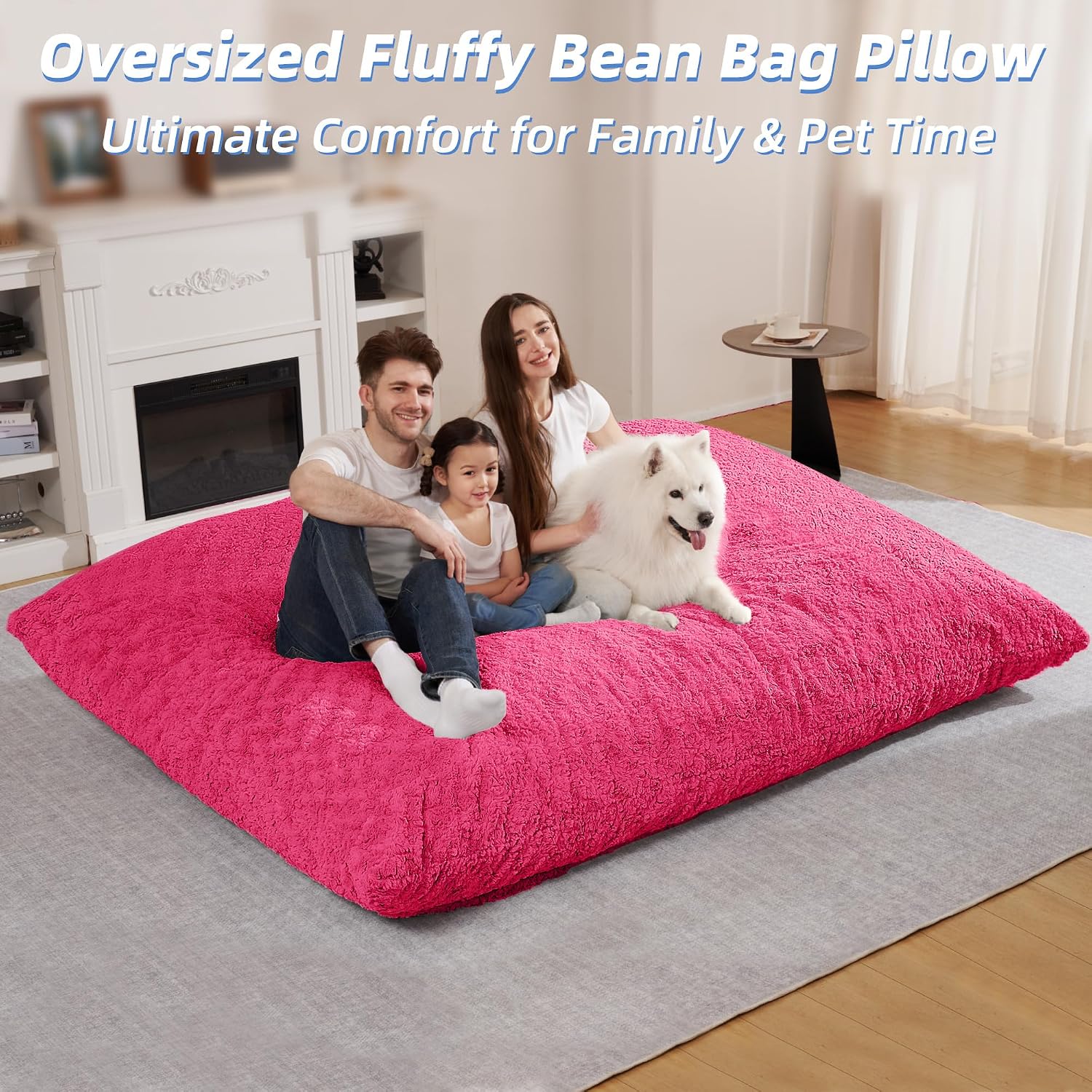 HABUTWAY 4 in 1 Bean Bag Chair, Giant Memory Foam Filling Bean Bag Sofa, Adult Bean Bag Chair, Machine Washable Faux Fur Cover, Bean Bag for Adult (Rose Red)