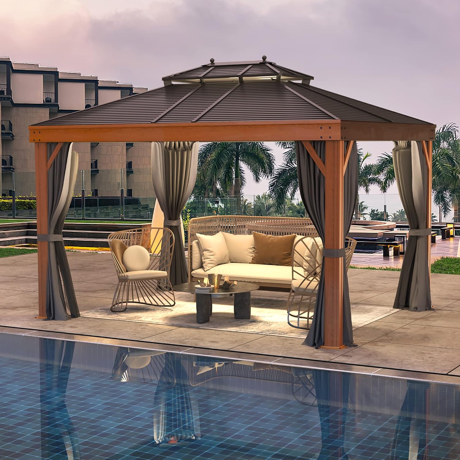 MELLCOM 10'x13' Gazebo, Wood Grain Aluminum Frame Canopy with Double Galvanized Steel Hardtop Roof, Outdoor Permanent Metal Pavilion with Curtains and Nettings for Patio,Backyard and Deck