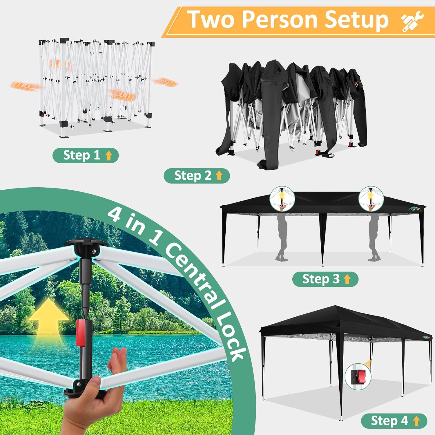 COBIZI 10x20 Canopy Tents for Parties 10x20ft Easy Setup Pop up Tents with Sidewalls & One Push Lock Waterproof Outdoor Large Shelter Party Tent for Wedding Car Port Events Patio Gazebo(Black)