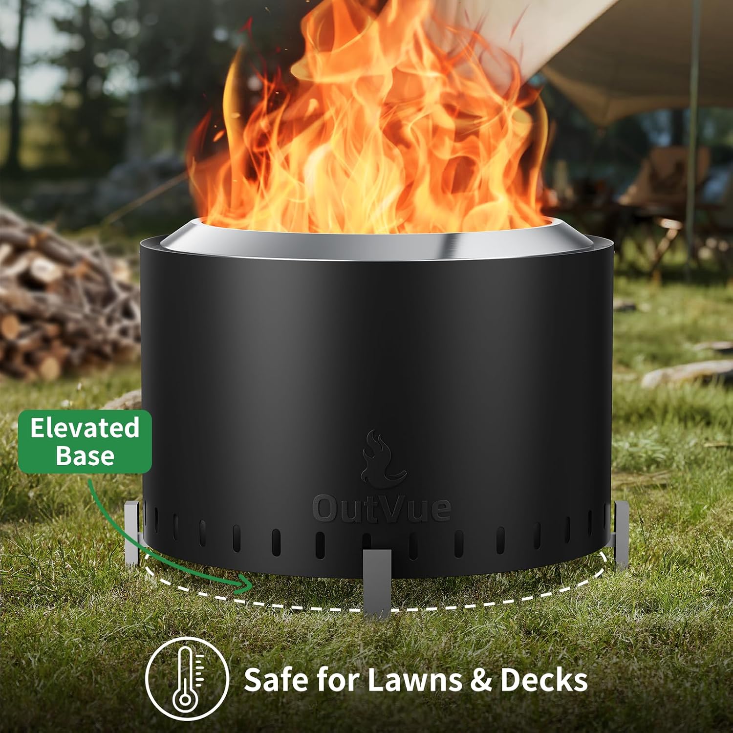 OutVue 22 inch Stainless Steel Smokeless Fire Pit, Outdoor Smokeless Firepit, Wood Burning Fire Pits for Camping, Bonfire, Low Smoke Firepit for Outside (Vertical Hole)
