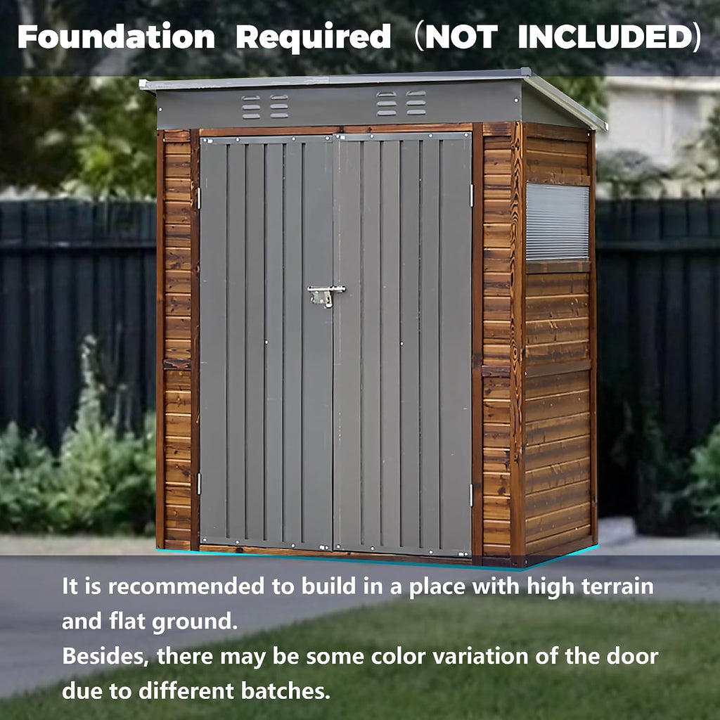 3x5 FT Outdoor Tool Shed, Wood-Iron Combination Storage Shed with Ventilation, Weather-Resistant Roof, Lockable Doors & Wood Grain Finish for Backyard and Garden
