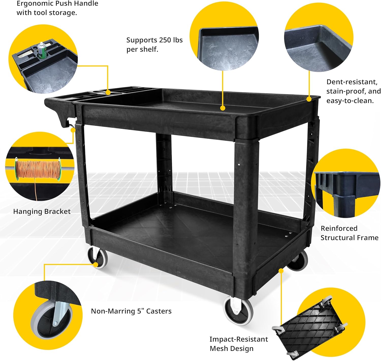 MaxWorks 2‑Tier Heavy‑Duty Utility Service Cart 500 lb Capacity 46' x 25.5' x 33.5' with 5' Swivel Casters and Polypropylene Shelves for Garage Workshop Warehouse Office (80858)