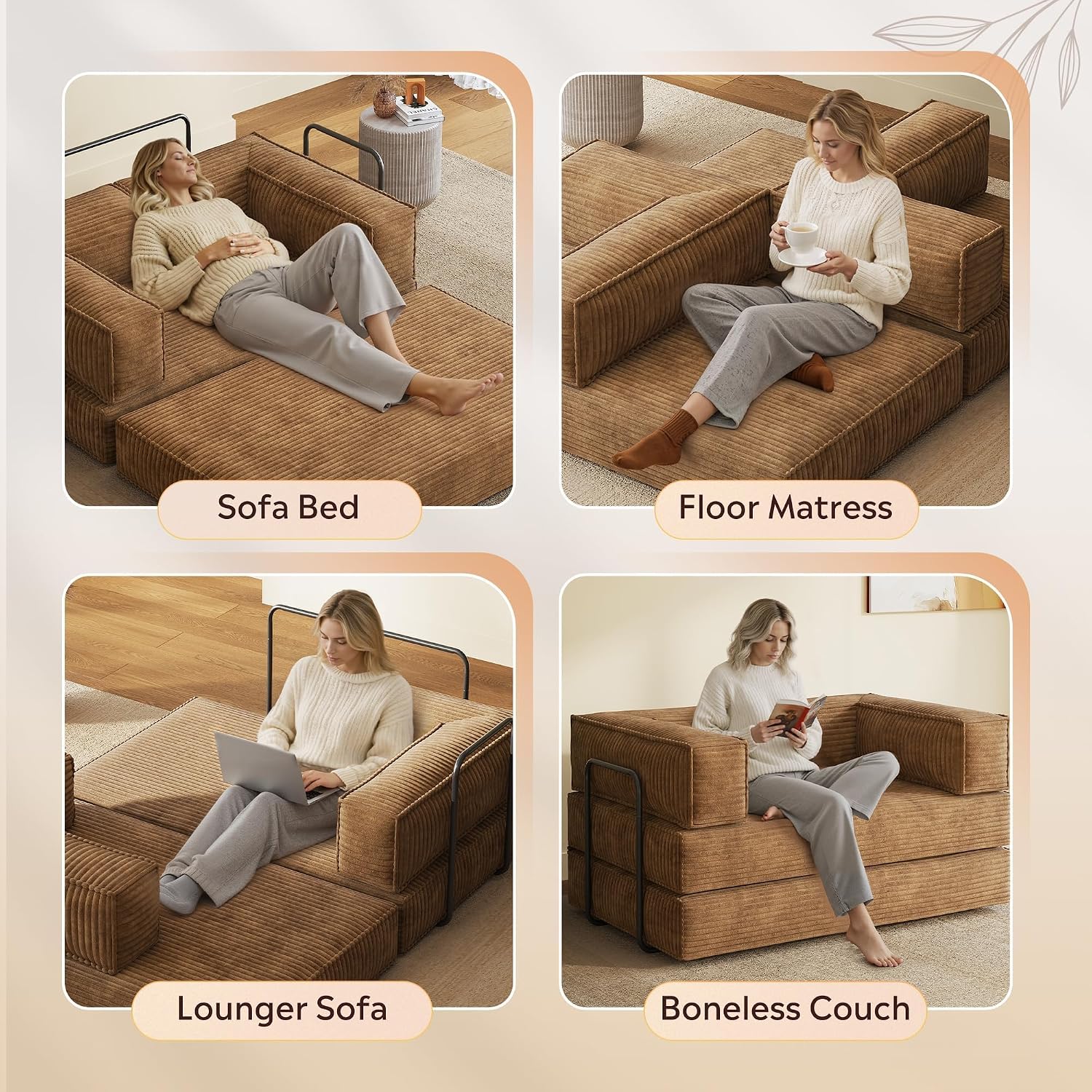 WLIVE 60'' Futon Sofa Bed, Convertible Sleeper Sofa, Folding Pull Out Couch Boneless Mattress with Fixed Frame, Corduroy, Brown