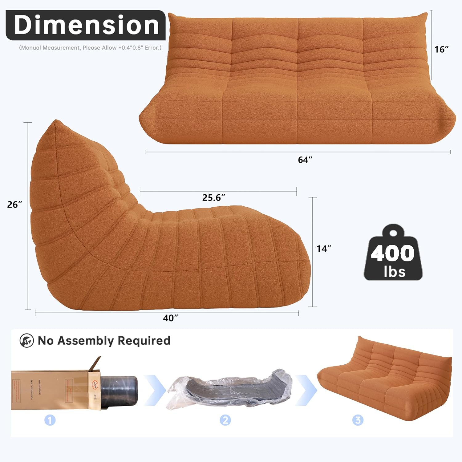 WHGBJA Bean Bag Chairs for Adults, BeanBag Reading Chair Memory Foam Couch 3-Seater, Floor Chair Soft Teddy Material, Comfy Reading Nook Chairs for Bedroom Living Room Office (Orange)
