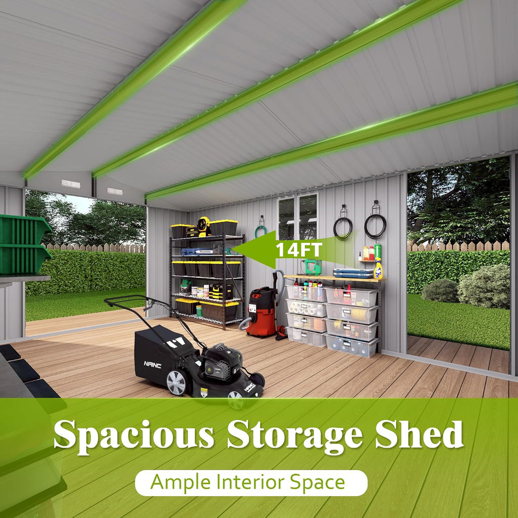 10x14 FT Outdoor Metal Storage Shed, Large Garden Backyard Tool Shed with Lockable Doors, Windows and Vents, Multi-Purpose Outside Bike Storage Sheds for Patio, Lawn, Poolside, Lawn Mowers, Gray