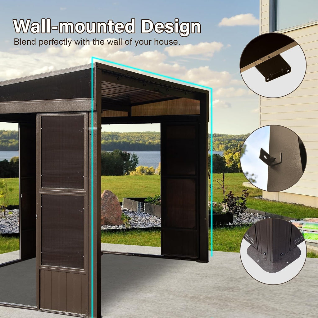 Domi 8x12FT Sun Room, Wall Mounted Gazebo Solarium with Galvanized Steel Sloping Roof, Moveable PC Screen, Front Door & 2 Side Entrance, Outdoor Aluminum Lean-to Sunroom for Patio Deck