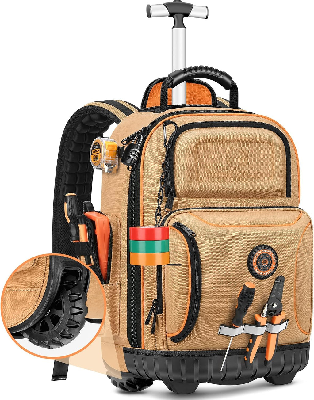 Backpack Tool Bag with Wheel, Rolling Tool Backpack for Electrician Heavy Duty Roller Tool Bag on Wheel for Construction Work, 75 Pockets & Loops Tool Backpack with Molded Base and Lock - Brown