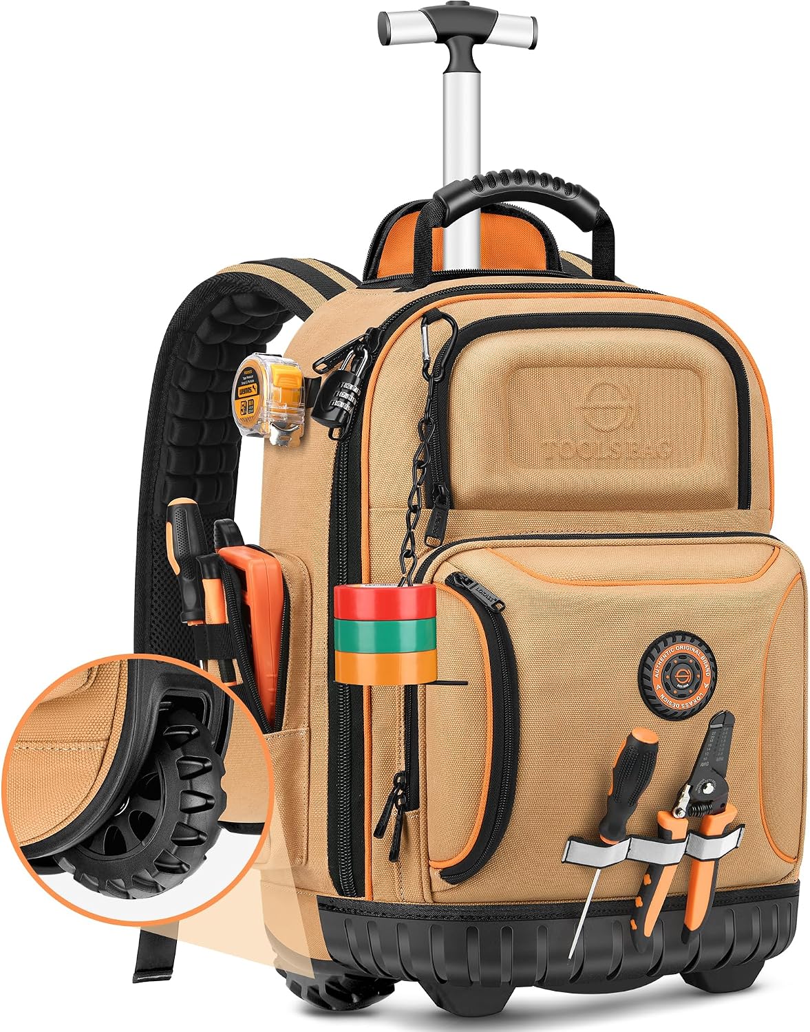 Backpack Tool Bag with Wheel, Rolling Tool Backpack for Electrician Heavy Duty Roller Tool Bag on Wheel for Construction Work, 75 Pockets & Loops Tool Backpack with Molded Base and Lock - Brown