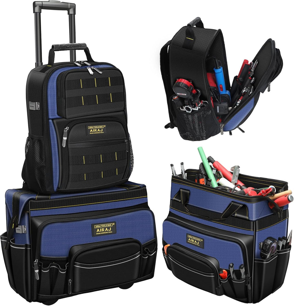 AIRAJ 21' Rolling Tool Bag with Wheels & 18' Tool Backpack Set | Adjustable Telescoping Handle | Waterproof Tool Bag | Tool Backpack Heavy Duty | 1680D Oxford Cloth | USB Charging Port | 55 Pockets