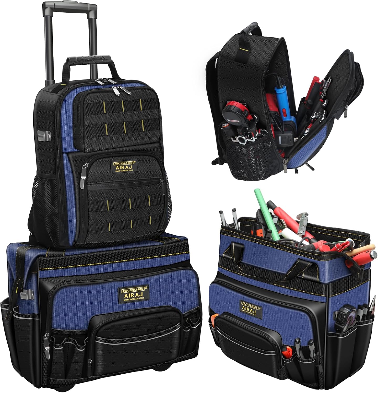 AIRAJ 21' Rolling Tool Bag with Wheels & 18' Tool Backpack Set | Adjustable Telescoping Handle | Waterproof Tool Bag | Tool Backpack Heavy Duty | 1680D Oxford Cloth | USB Charging Port | 55 Pockets