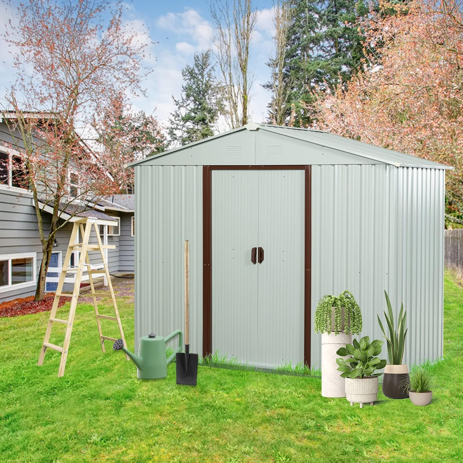 YOPTO 8x4 FT Outdoor Storage Shed,Metal Tool Cabinet with Foundation and Vents,Sliding Doors & Padlock,Waterproof Oversized Shelter for Shovels,Umbrellas,White