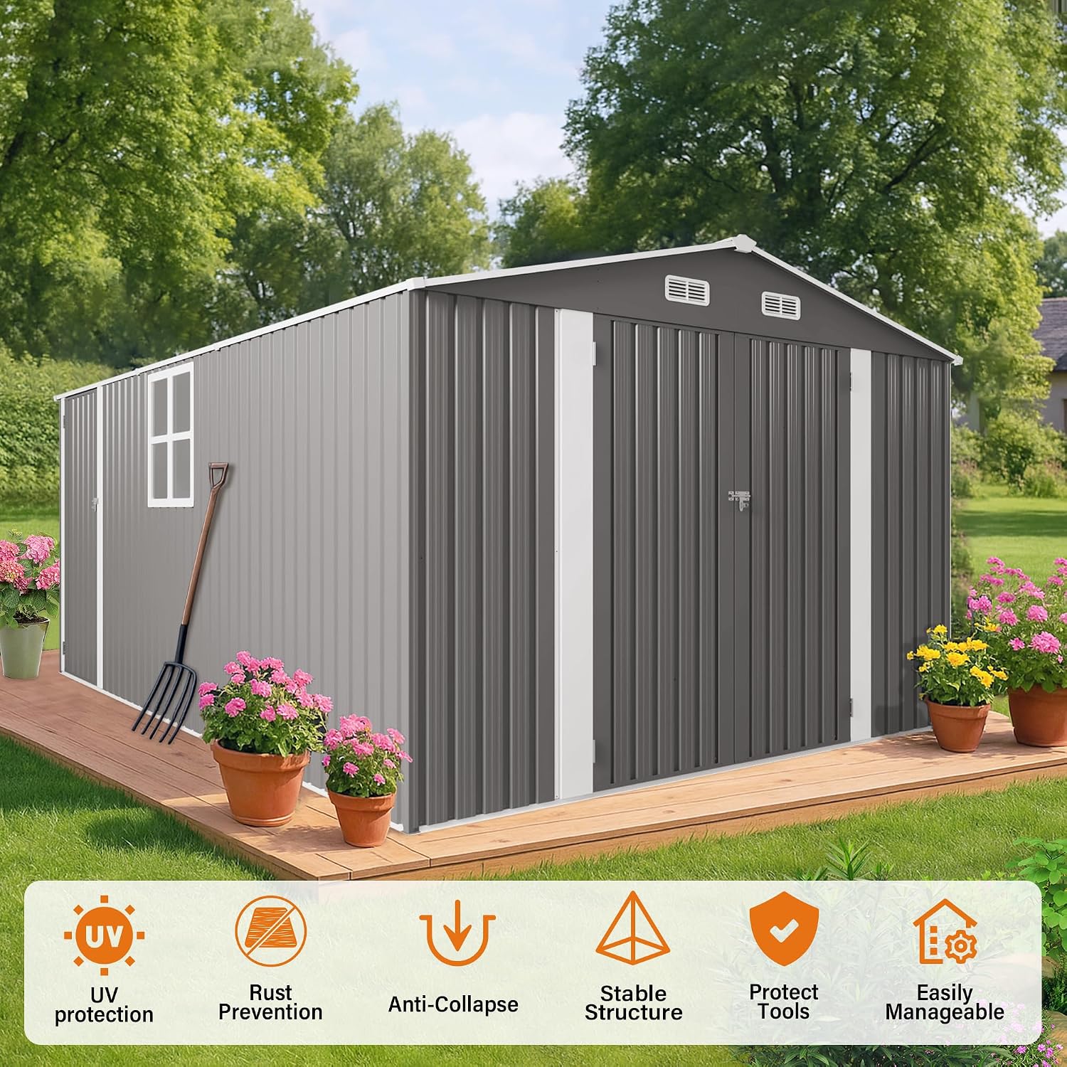 10x14 FT Outdoor Metal Storage Shed, Large Garden Backyard Tool Shed with Lockable Doors, Windows and Vents, Multi-Purpose Outside Bike Storage Sheds for Patio, Lawn, Poolside, Lawn Mowers, Gray