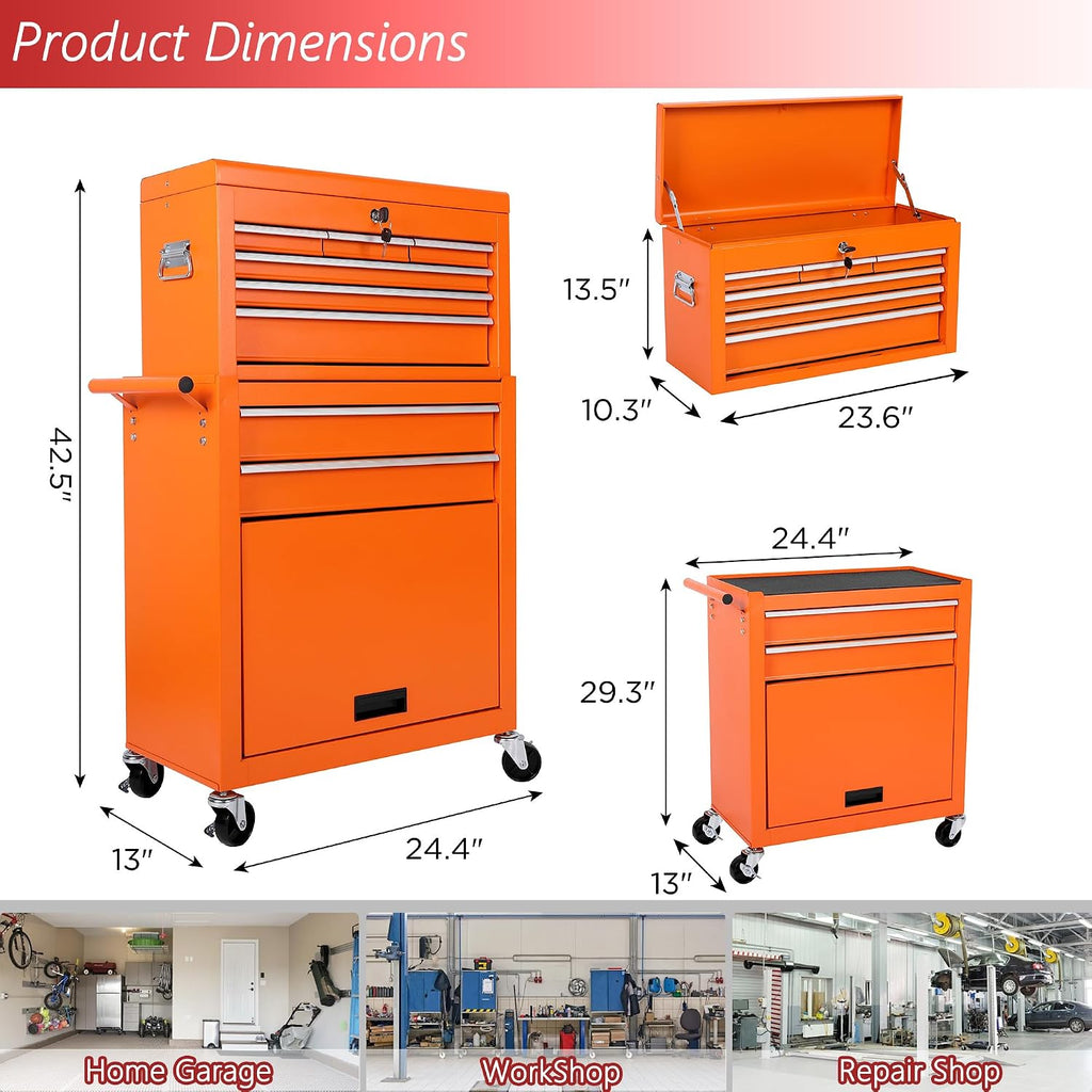 8 Drawers Tool Chest on Wheels with 1 Cabinet, Detachable Portable Top Box, Multifunctional Lock Rolling Tool Storage Case Organizer Set, Tool Cart with Side Hooks for Garage & Workshop