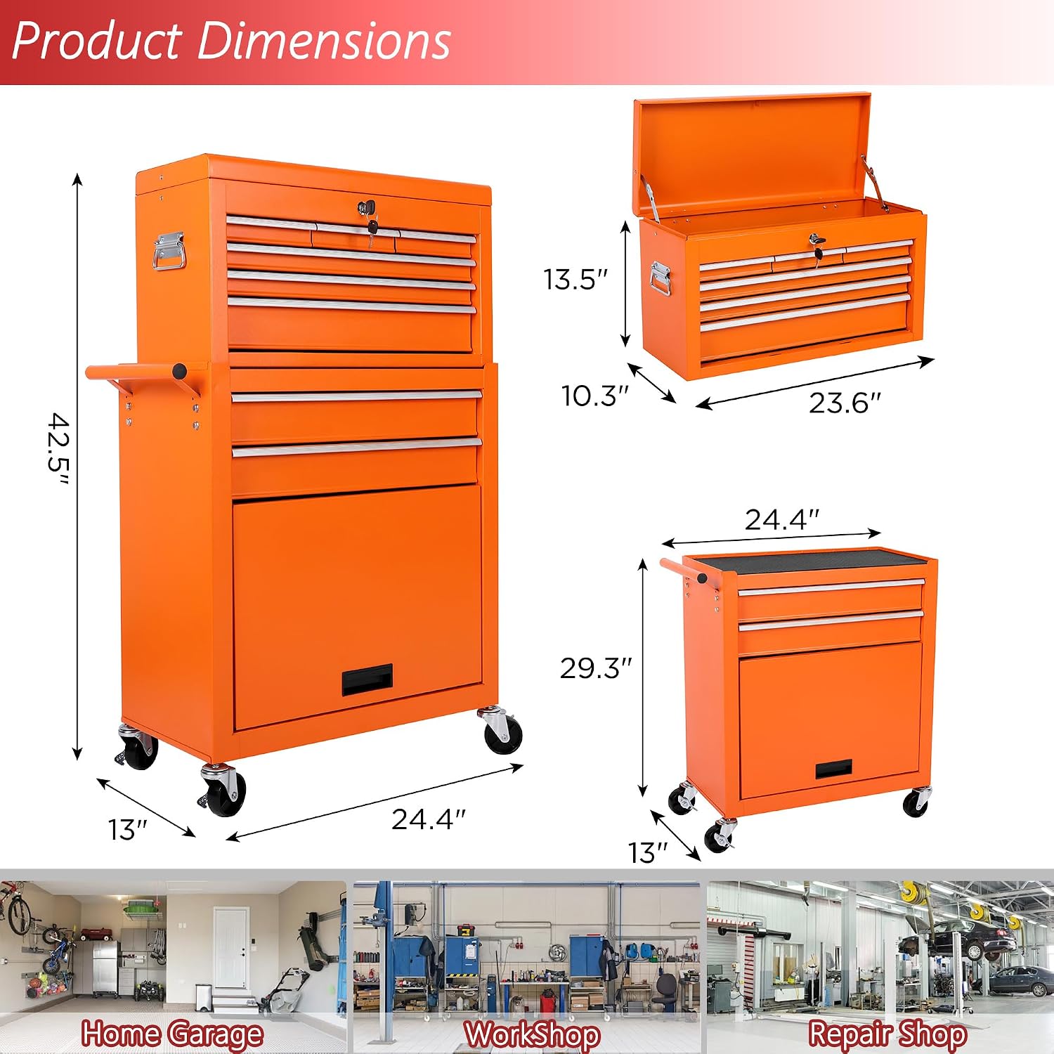 8 Drawers Tool Chest on Wheels with 1 Cabinet, Detachable Portable Top Box, Multifunctional Lock Rolling Tool Storage Case Organizer Set, Tool Cart with Side Hooks for Garage & Workshop