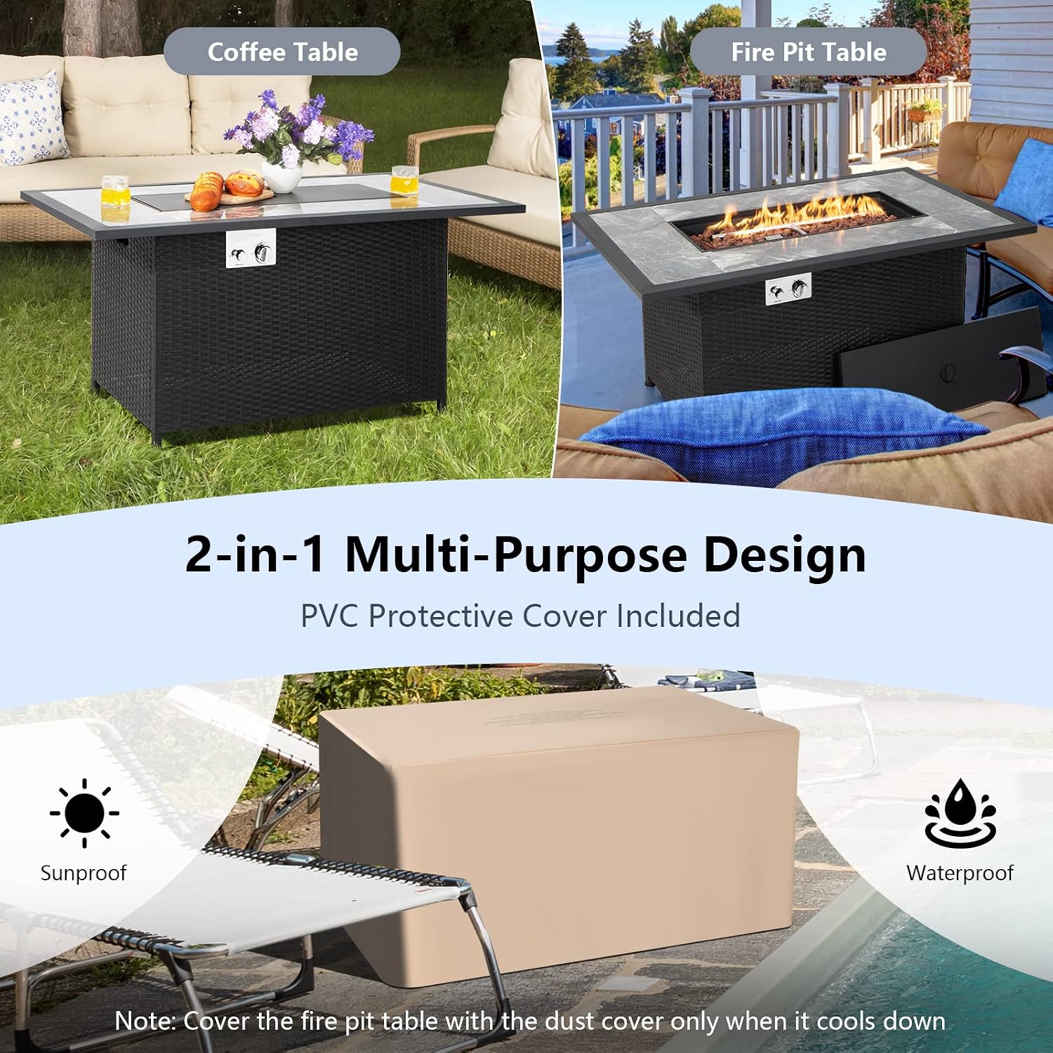 COSTWAY 52' Patio Propane Fire Pit Table, 50,000 BTU Outdoor Fire Table, Electric Pulse Ignition, Marble Tabletop & Weatherproof Rattan, Protective Cover Included, Perfect for Backyard, Poolside