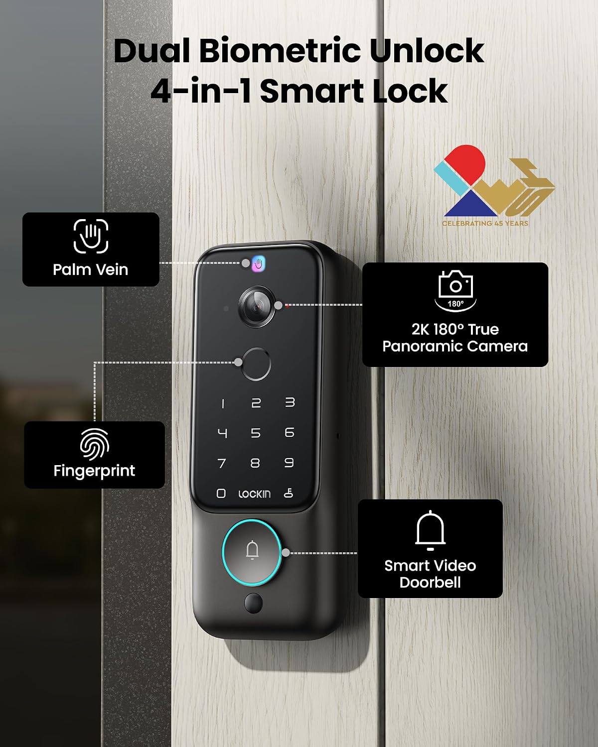 Lockin Veno Plus Smart Lock with Dual Swappable Batteries, 6-Month Power, 2K 180° Camera & Video Doorbell, Palm Vein/Fingerprint Entry, Built-in WiFi, App Control, No Subscription